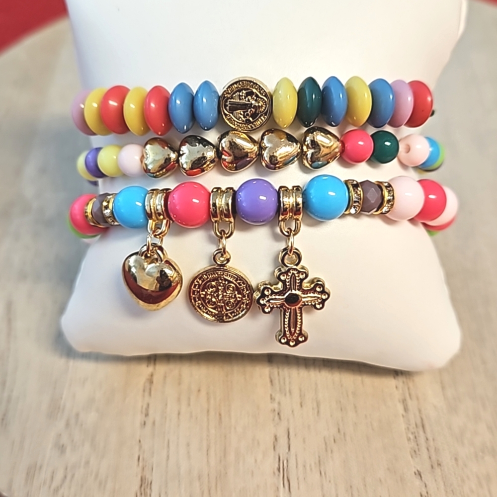 Set of 3 Pastel candy colors St. Patrick's Day theme bracelets Goldtone NIP